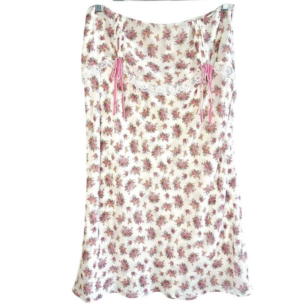 For Love & Lemons‎ Floral Midi Skirt M Lace Pink Velvet Bow Coquette Cottagecore